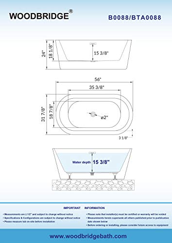 WOODBRIDGE 56" Acrylic Freestanding Bathtub Contemporary Soaking White Tub with Chrome Overflow and Drain，B0088--C--Drain&O