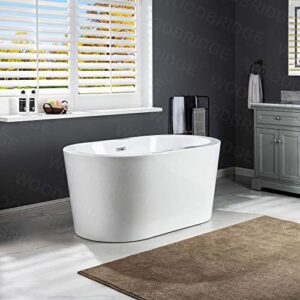 WOODBRIDGE 56" Acrylic Freestanding Bathtub Contemporary Soaking White Tub with Chrome Overflow and Drain，B0088--C--Drain&O