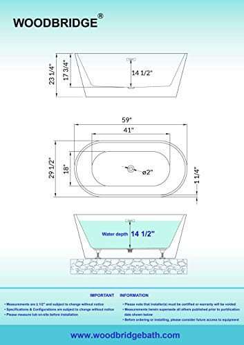 WOODBRIDGE 59" BTA1514-BG-Drain &O+ Pillow Bathtub, Brushed Gold