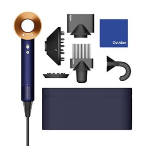 limited edition dyson supersonic hair dryer with clothzen cleaning cloth – includes flyaway attachment, styling concentrator, diffuser, gentle air attachment & wide-tooth comb – prussian-blue