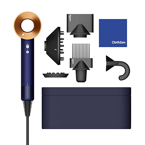 Limited Edition Dyson Supersonic Hair Dryer with ClothZen Cleaning Cloth – Includes Flyaway Attachment, Styling Concentrator, Diffuser, Gentle Air Attachment & Wide-Tooth Comb – Prussian-Blue