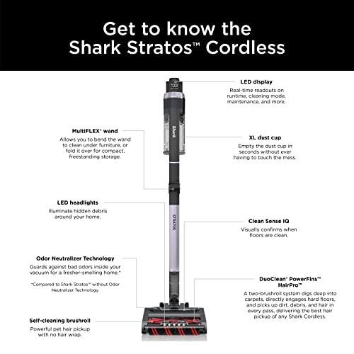 Shark IZ862H Stratos Cordless Vacuum with Clean Sense IQ and Odor Neutralizer, DuoClean PowerFins HairPro, Includes Duster Crevice Tool & Anti-Allergen Brush, Up to 60 Minute Runtime, Ash Purple