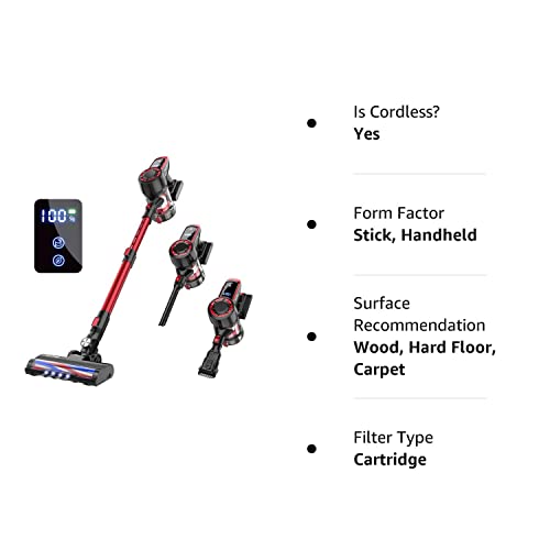 WLUPEL Cordless Vacuum Cleaner, 250W Stick Vacuum Cleaner with 30KPA Powerful Suction, Lightweight Handheld Vacuum LED Display for Carpet and Floor, Pet Hair (Hero 8-Red)