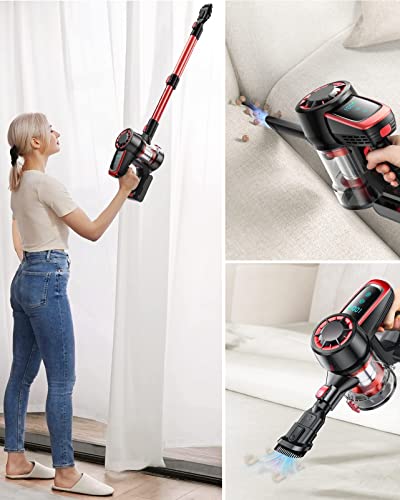 WLUPEL Cordless Vacuum Cleaner, 250W Stick Vacuum Cleaner with 30KPA Powerful Suction, Lightweight Handheld Vacuum LED Display for Carpet and Floor, Pet Hair (Hero 8-Red)