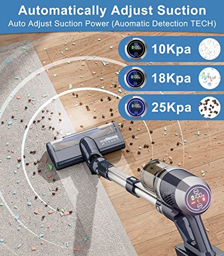 ORFELD Cordless Vacuum Cleaner - 25Kpa Stick Vacuum, 60mins Runtime Cordless Vacuum with LED Display, 6 in 1 Lightweight Deep Clean Quiet Vacuum Cleaner for Hardwood Floor Carpet Car Pet Hair