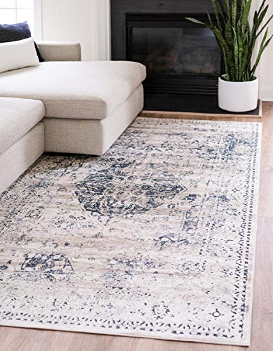 Unique Loom Chateau Collection Distressed Vintage Traditional Textured Dark Blue Area Rug (8' 0 x 10' 0), beige/navy blue