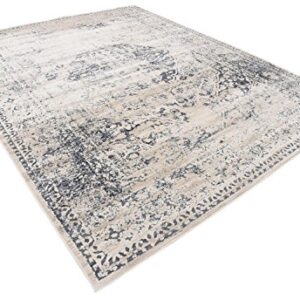 Unique Loom Chateau Collection Distressed Vintage Traditional Textured Dark Blue Area Rug (8' 0 x 10' 0), beige/navy blue