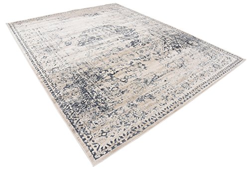 Unique Loom Chateau Collection Distressed Vintage Traditional Textured Dark Blue Area Rug (8' 0 x 10' 0), beige/navy blue