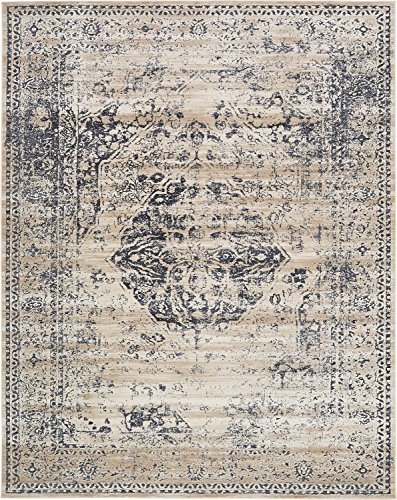 Unique Loom Chateau Collection Distressed Vintage Traditional Textured Dark Blue Area Rug (8' 0 x 10' 0), beige/navy blue