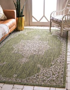 unique loom collection traditional classic heathered center medallion indoor/outdoor flatweave area rug, rectangular 4′ 0″ x 6′ 0″, green/gray
