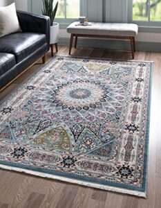 unique loom narenj collection classic traditional textured medallion pattern design area rug, 8 ft x 10 ft, blue/tan