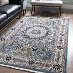 Unique Loom Narenj Collection Classic Traditional Textured Medallion Pattern Design Area Rug, 8 ft x 10 ft, Blue/Tan