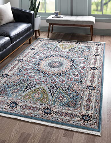 Unique Loom Narenj Collection Classic Traditional Textured Medallion Pattern Design Area Rug, 8 ft x 10 ft, Blue/Tan