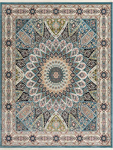 Unique Loom Narenj Collection Classic Traditional Textured Medallion Pattern Design Area Rug, 8 ft x 10 ft, Blue/Tan