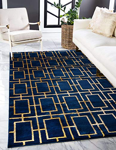 Unique Loom Glam Collection Geometric, Squares, Metallics, Modern, Chic Area Rug, 8 ft x 10 ft, Navy Blue/Gold