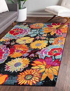 unique loom lyon collection colorful modern floral garden area rug, rectangular 9′ 0″ x 12′ 2″, black/green