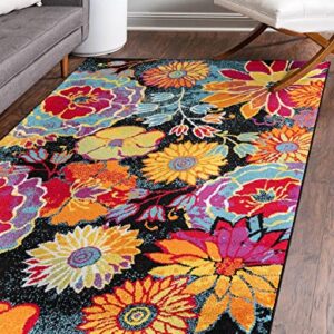 Unique Loom Lyon Collection Colorful Modern Floral Garden Area Rug, Rectangular 9' 0" x 12' 2", Black/Green