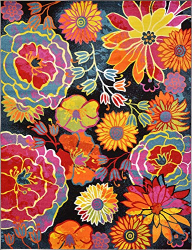 Unique Loom Lyon Collection Colorful Modern Floral Garden Area Rug, Rectangular 9' 0" x 12' 2", Black/Green