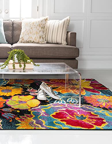 Unique Loom Lyon Collection Colorful Modern Floral Garden Area Rug, Rectangular 9' 0" x 12' 2", Black/Green