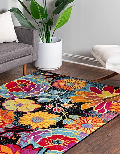 Unique Loom Lyon Collection Colorful Modern Floral Garden Area Rug, Rectangular 9' 0" x 12' 2", Black/Green