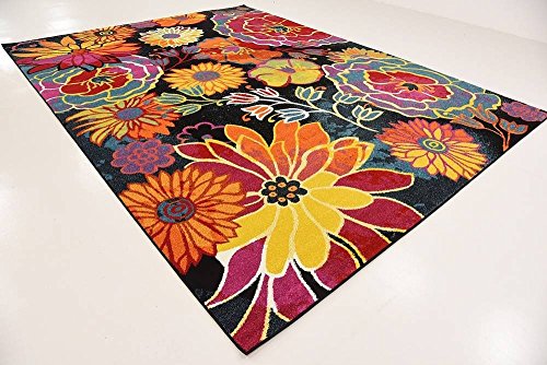 Unique Loom Lyon Collection Colorful Modern Floral Garden Area Rug, Rectangular 9' 0" x 12' 2", Black/Green