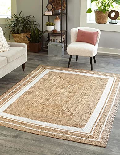 Unique Loom Braided Jute Collection Classic Quality Made Hand Woven with Coastal Design Area Rug, 8 ft x 10 ft, Natural/Ivory