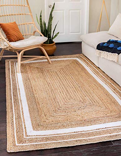 Unique Loom Braided Jute Collection Classic Quality Made Hand Woven with Coastal Design Area Rug, 8 ft x 10 ft, Natural/Ivory