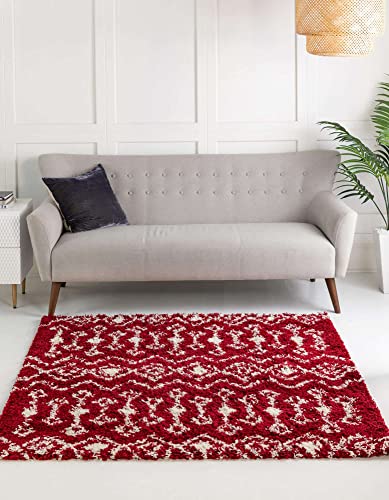 Unique Loom Moroccan Trellis Shag Collection Area Rug - Meknes (10' Square, Burgundy Red/Ivory)