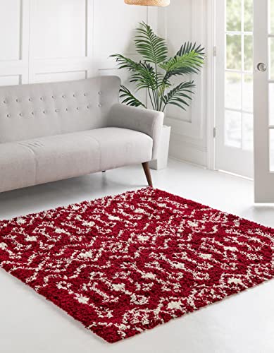 Unique Loom Moroccan Trellis Shag Collection Area Rug - Meknes (10' Square, Burgundy Red/Ivory)