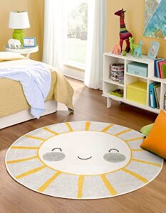 unique loom whimsy kids collection area rug – smiling sunshine (round 7′ 10″ x 7′ 10″, gray/ yellow)