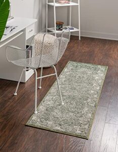 unique loom isabella collection area rug – adjani (2′ 7″ x 16′ 5″ runner, green/ivory)