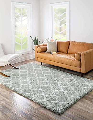 Unique Loom Rabat Shag Collection Area Rug - Marble (7' 10" x 10' Rectangle, White Cyan/Ivory)