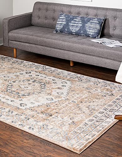 Unique Loom Oxford Collection Area Rug - Sheldonian (6' x 9' Rectangle, Beige/Navy Blue)