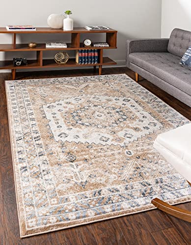 Unique Loom Oxford Collection Area Rug - Sheldonian (6' x 9' Rectangle, Beige/Navy Blue)