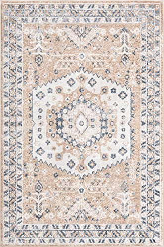 Unique Loom Oxford Collection Area Rug - Sheldonian (6' x 9' Rectangle, Beige/Navy Blue)