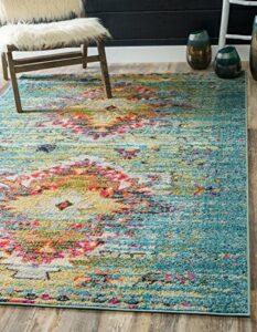 unique loom vita collection over-dyed southwestern tribal vintage area rug, rectangular 9′ 0″ x 12′ 0″, turquoise/yellow