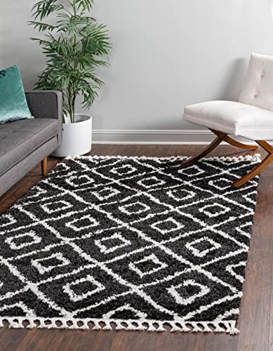 Unique Loom Hygge Shag Collection Area Rug - Diamond (9' x 12' Rectangle, Black and White)