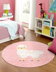 unique loom whimsy kids collection area rug – llama (round 7′ 10″ x 7′ 10″, pink/ light blue)