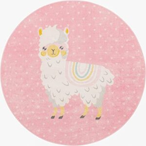 Unique Loom Whimsy Kids Collection Area Rug - Llama (Round 7' 10" x 7' 10", Pink/ Light Blue)