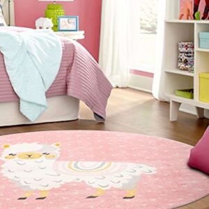 Unique Loom Whimsy Kids Collection Area Rug - Llama (Round 7' 10" x 7' 10", Pink/ Light Blue)