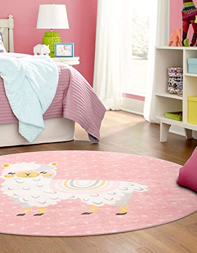 Unique Loom Whimsy Kids Collection Area Rug - Llama (Round 7' 10" x 7' 10", Pink/ Light Blue)