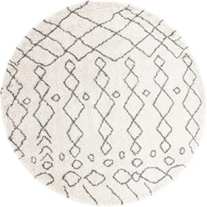 unique loom rabat shag collection area rug – geometric (9′ 10″ round, pure ivory/gray)