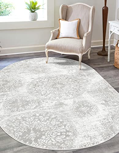 Unique Loom Sofia Collection Area Rug - Grand (5' 3" x 8' Oval, Light Gray/Ivory)