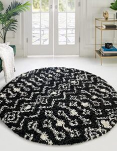unique loom moroccan trellis shag collection area rug – meknes (10′ round, black and white)