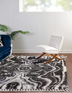 unique loom hygge shag collection area rug – valley (7′ 10″ square, black and white/gray)