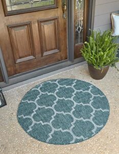 unique loom outdoor trellis collection area rug – trellis (round 10′ 8″ x 10′ 8″, teal/ gray)
