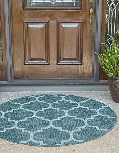 Unique Loom Outdoor Trellis Collection Area Rug - Trellis (Round 10' 8" x 10' 8", Teal/ Gray)