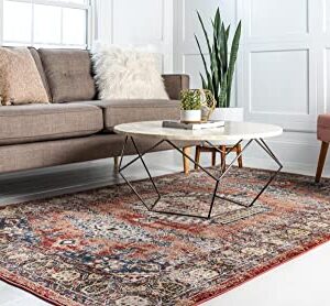 Unique Loom Utopia Collection Traditional Geometric Vintage Inspired Area Rug with Warm Hues, 8' x 10', Terracotta/Blue