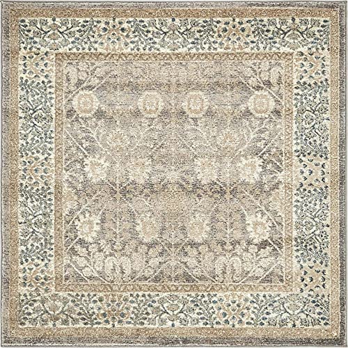 Unique Loom Salzburg Collection Classic Traditional Design Oriental Inspired with Intricate Border Area Rug, 4' Square, Light Brown/Gray