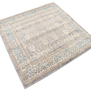 Unique Loom Salzburg Collection Classic Traditional Design Oriental Inspired with Intricate Border Area Rug, 4' Square, Light Brown/Gray